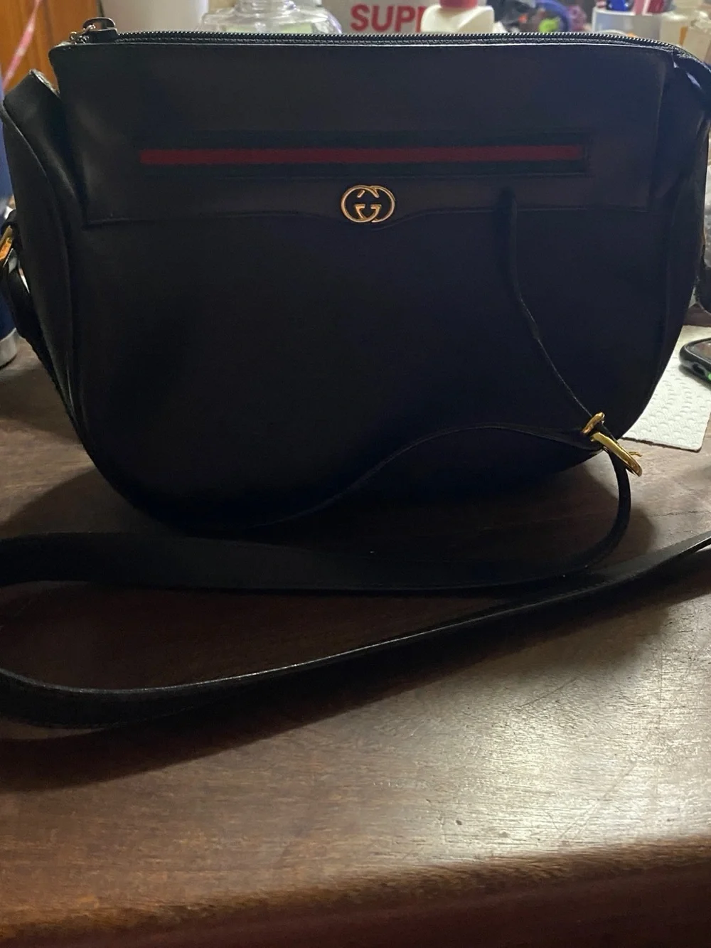 Gucci Black Messenger Bag with Green and Red Stripe and Gold Hardware